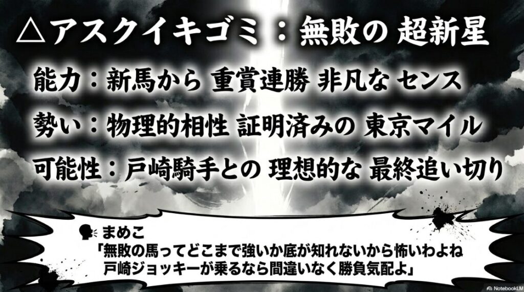 △ アスクイキゴミ 無敗の 超新星と 府中マイルへの 適合性 史上2頭目の 重賞連勝を 解説する まめこの 助言