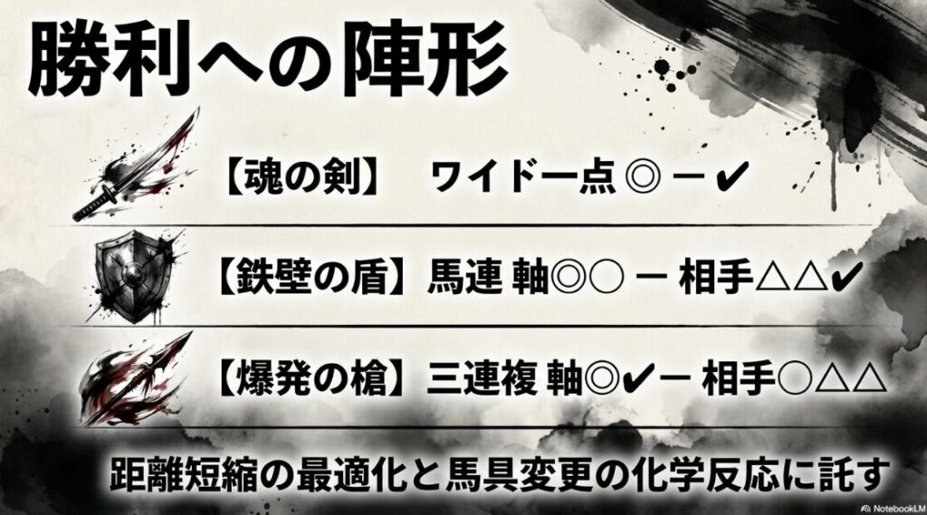 最終 陣形 買い目 プロトコル 魂の剣 ワイド 鉄壁の盾 馬連 爆発の槍 三連複の 投資戦略 構成案