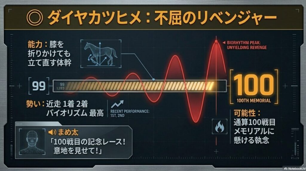 ◯ ダイヤカツヒメ 通算100戦目の 記念すべき 激走 墨絵の 流麗かつ 安定した 筆致で 描かれた ベテランの 意地 膝を 折りかけても 立て直す 強靭な 体幹と 精神力を 表現する 疾走シーン