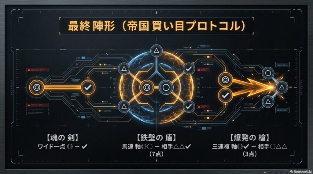 買い目 プロトコル 最終 陣形 墨絵 スタイルの 戦術的な アイコンと 配置 魂の 剣（ワイド） 鉄壁の 盾（馬連） 爆発の 槍（三連複） 夢（単複）を 示す 伝統の フォーマット