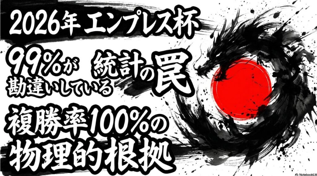 エンプレス杯2026の表紙。爆発的な水墨画スタイルで描かれた競走馬のシルエット。中央には「99%が勘違いしている統計の罠」と「複勝率100%の物理的根拠」という強烈なテキストが配置され、読者の損失回避心理を突くデザイン