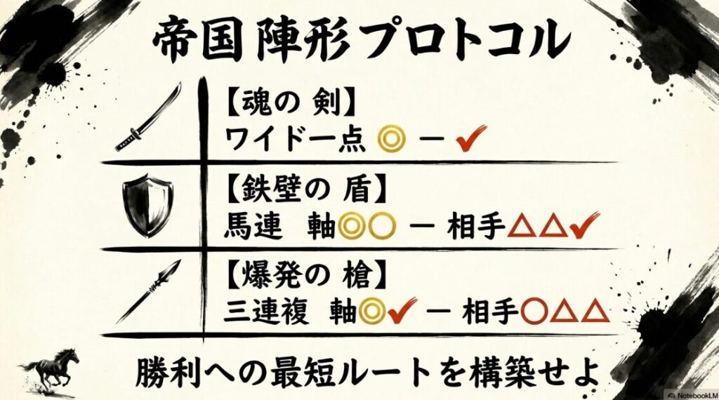 エンプレス杯2026の最終的な買い目提案。「魂の剣」「鉄壁の盾」「爆発の槍」という独自のアイコンを配置し、統計的必須個体と異常データの融合を視覚化したスライド