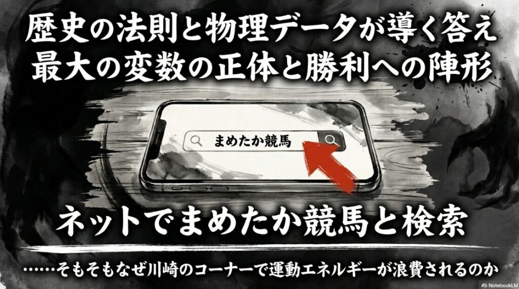終結論。歴史の法則と物理データが導く答え。中央には「詳細は『まめたか競馬』で検索」という検索窓のデザイン。最後まで視聴したユーザーをブログ要塞へと誘導する水墨画