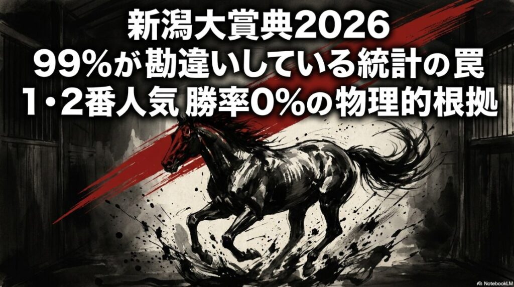 新潟大賞典2026 統計の罠を 暴く タイトル画像 1・2番人気 勝率0%の 衝撃的な 数字が 刻まれた 迫力ある 爆発的 水墨画
