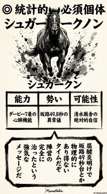 2年ぶりの 復活を 狙う 怪物 シュガークン 坂路 4F 49.8秒の 異常な 運動エネルギーを 放出する 競走馬の 躍動的な 墨絵