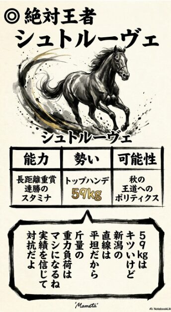 トップハンデ 59kgを 背負い 平坦な 直線を 突き進む 重力の 支配者 シュトルーヴェ 強力な 筆致で 描かれた 競走馬の 疾走シーン