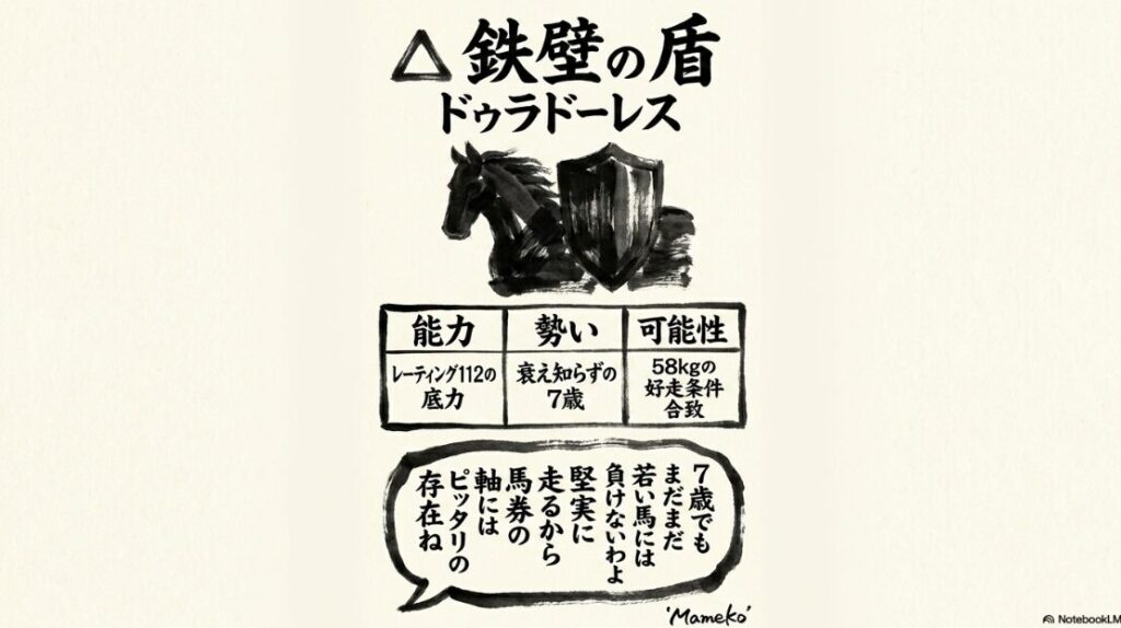 レーティング 112の 底力を 持ち 58kgの 好走条件に 合致する 鉄壁の 盾 ドゥラドーレス 重厚な 筋肉を 表現した 水墨画