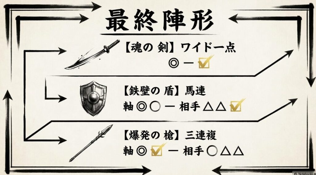 ワイド ◎－✔︎ 馬連 軸◎◯ 三連複 軸◎✔︎ 勝利への 陣形を 示す 帝国公式 買い目 プロトコルと 剣と 盾の アイコン