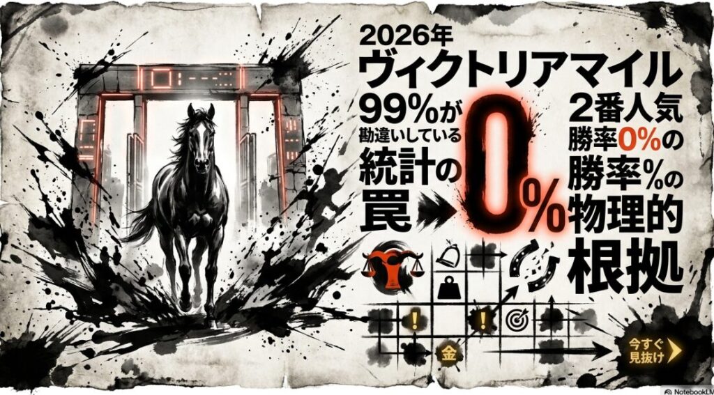 2026年 ヴィクトリアマイル G1 競馬予想 データ解析の 幕開け 背景は 伝統的な 爆発的 水墨画 スタイルで 描かれた 東京競馬場と 2番人気 勝率0%の 統計的 罠を 暴く 衝撃の タイトルロゴ