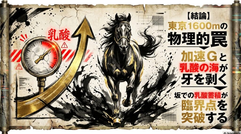 東京競馬場 芝1600mの 物理的 解析図解 最後の 直線の 激坂が 生む 加速Gと 乳酸蓄積の 限界点を 示す グラフ 坂の 頂上で 失速する 2番人気の 物理的 根拠
