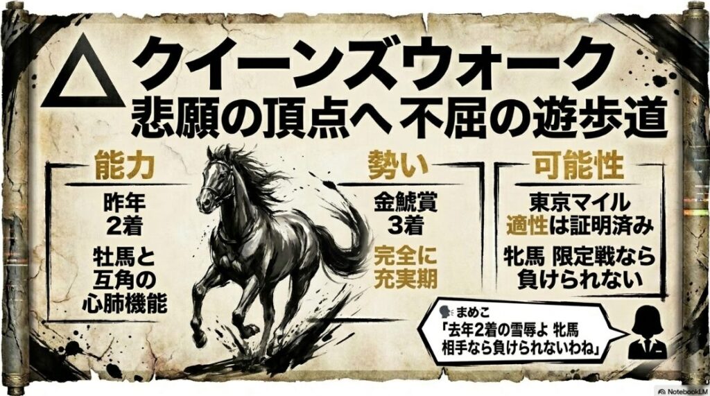 △ クイーンズウォーク 昨年 2着の 雪辱を 誓う 物理的 充実度 牡馬相手に 鍛え抜かれた 卓越した 心肺機能と 執念を 感じさせる 鋭い 眼差しの 馬体 カット