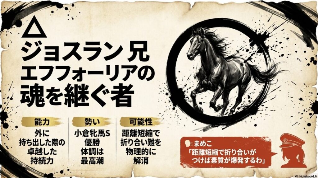 △ ジョスラン 兄 エフフォーリアの 魂を 継ぐ 持続力 距離短縮で 物理的に 折り合いを 解決し 爆発を 待つ 漆黒の 馬体と 重厚な インク スパッター