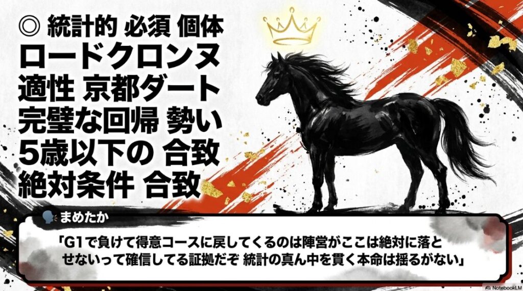 分析 統計的 必須 個体 ロードクロンヌ 京都ダート 完璧な回帰 5歳馬 漆黒の 馬体 墨絵 まめたか キャラクタ 吹き出し