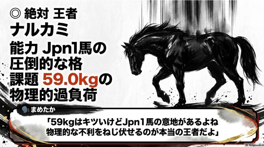 絶対 王者 ナルカミ JpnI馬の 圧倒的な格 59.0kg 物理的 過負荷 威厳ある 馬の 墨絵 まめ太 キャラクタ 吹き出し