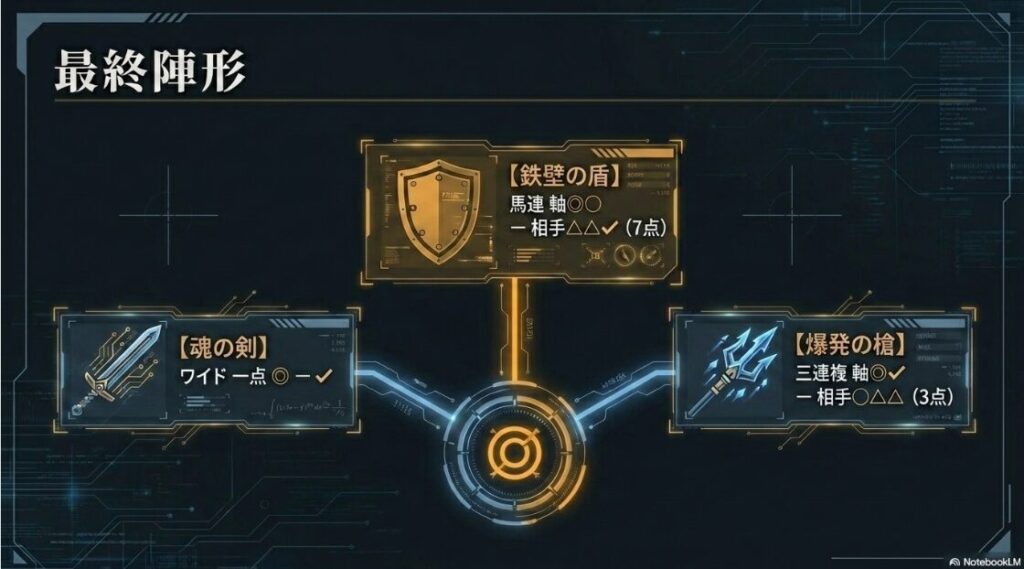 帝国の 買い目 プロトコル に 基づく 2026年 かしわ記念 最終 陣形 ワイド 一点 の 魂の剣 馬連 7点 の 鉄壁の盾 三連複 3点 の 爆発の槍 を 示す 戦略 的 フォーマット 図解