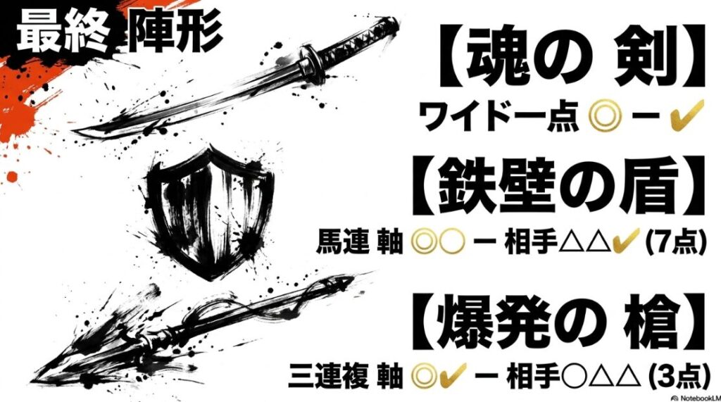 勝利への 陣形 魂の 剣 ワイド 鉄壁の 盾 馬連 爆発の 槍 三連複 帝国 買い目 プロトコル 独自 アイコン 図解