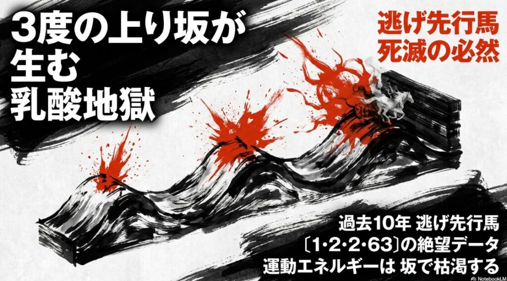 コース解析 東京芝2400メートルの 高低差を 図解した インフォグラフィック。 3度の上り坂を 赤く 強調し 乳酸蓄積の 臨界点を 視覚化。 先行馬が 物理的に 運動エネルギーを 喪失する プロセスを 説明する 専門的な 解析画像