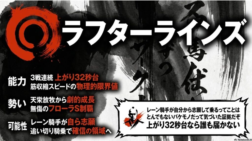 ◎ ラフターラインズ 豪快な 筆致の 水墨画で 描かれた ラフターラインズの 激走シーン。 朱赤と 金の インクスパッターが スピード感を 演出。 3戦連続 上がり32秒台を 記録する 爆発的な 瞬発力を 象徴する 動的な 画像