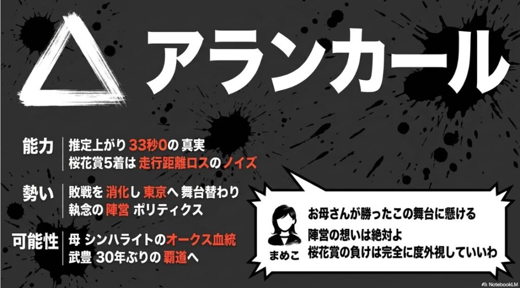△ アランカール 東京の 長い直線を 駆け抜ける アランカールの 優雅な シルエット。 母シンハライトの 面影を 残す 良血の 結晶。 直線で 末脚を フルに発揮する 物理的特性を 表現した 水墨画