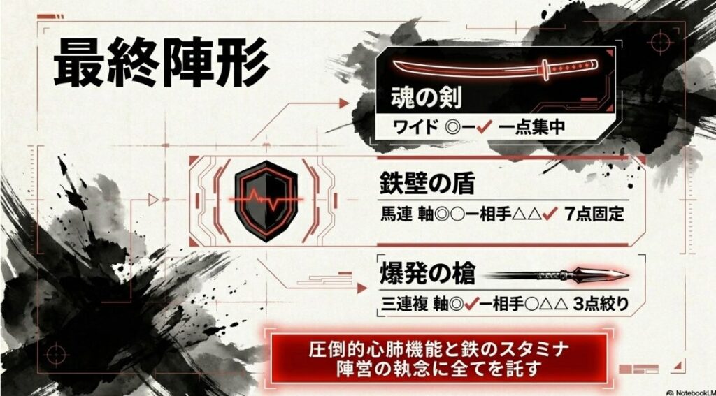 天皇賞（春） 2026 最終的な 買い目 陣形図 魂の剣 ワイド ◎アドマイヤテラ 軸 ✔︎ホーエリート 相手 鉄壁の盾 馬連 軸2頭 爆発の槍 三連複 軸2頭流し 圧倒的心肺機能と 鉄のスタミナに 託す 投資戦略