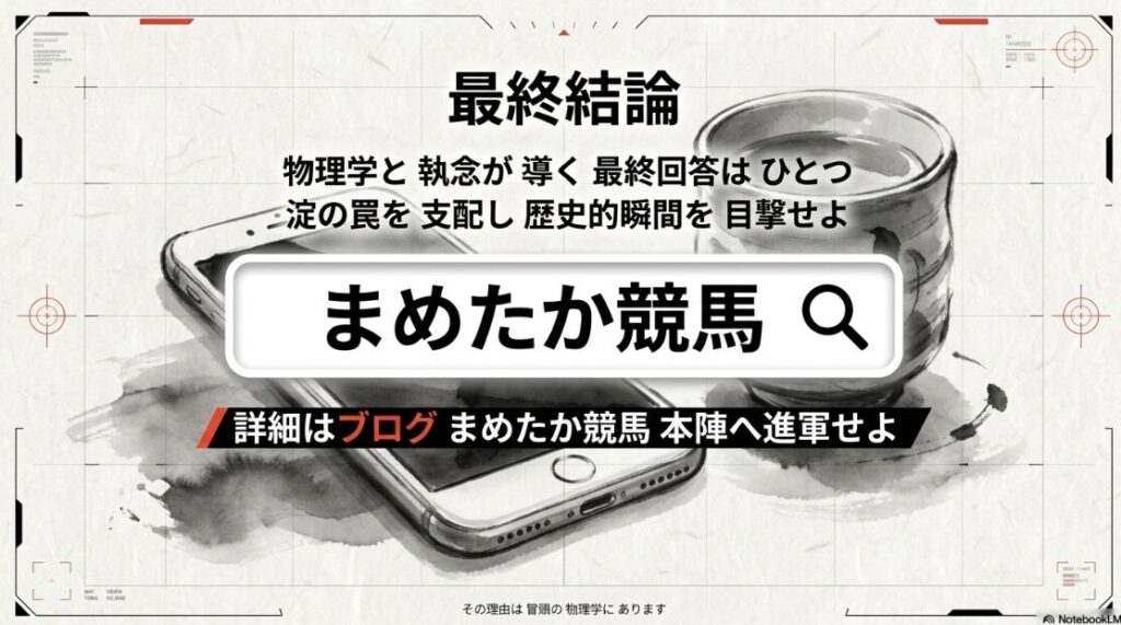 2026年 天皇賞（春） 最終結論画面 歴史の法則と 物理データが 導き出した 結論の要約 詳細は ブログ まめたか競馬 本陣へ 誘導する 最終確認スライド