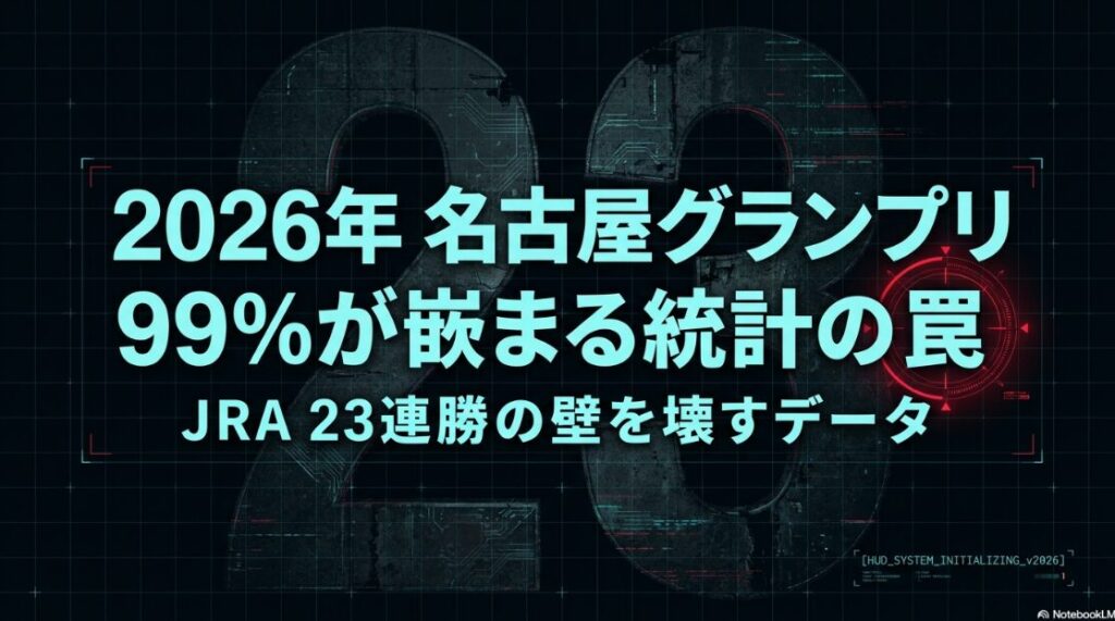 第26回名古屋グランプリJpnIIのデータ分析スライド表紙 背景は迫力ある馬の激走を描いた水墨画 JRA勢23連勝の歴史と 1番人気馬が外枠に入った際の複勝率100%という異常統計データを紹介