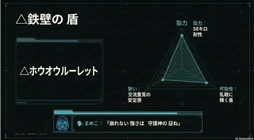 連下馬ホウオウルーレットの能力分析スライド 斤量58kgを克服する現役屈指の斤量耐性と 浦和記念優勝などの地方交流重賞での安定した実績