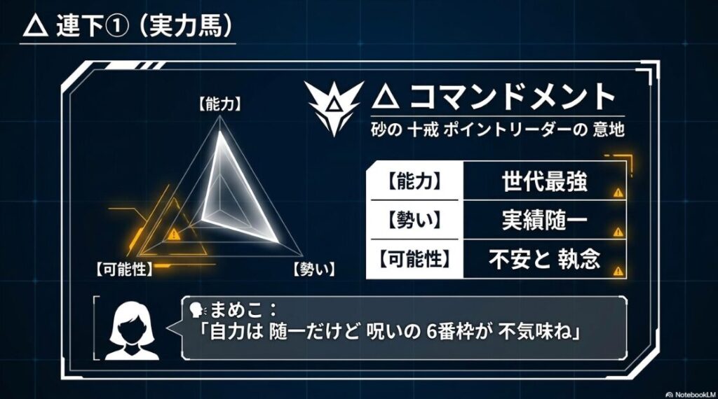 △  コマンドメント 死の不振の 6番枠に 閉じ込められた 有力馬の 物理的 葛藤と 絶望