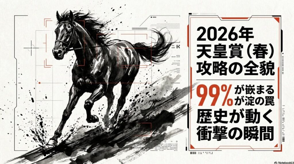 2026年 天皇賞（春） G1 攻略ガイド 表紙 淀の坂を背景に 激走する 競走馬の 迫力ある 爆発的水墨画 99%が 勘違いしている 淀の罠と 衝撃の数字を 提示する 導入画面