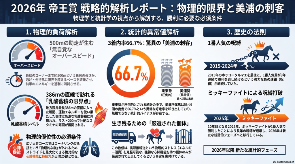 「2026年帝王賞（JpnI）の戦略的解析レポート図解。3つの柱で構成。1.物理的負荷解析：スタートから1角までの500mの助走が誘発する『無自覚なオーバースピード』と、地方最長386mの直線で発生する『乳酸蓄積の限界点』を可視化。2.統計的異常値解析：美浦所属馬が叩き出す3着内率66.7%という異常データと、長距離輸送のストレスを克服する『厳選された個体』の優位性を解説。3.歴史の法則：2015年から続いた1番人気の9連敗が2025年に打破された歴史的転換点を示している。」
