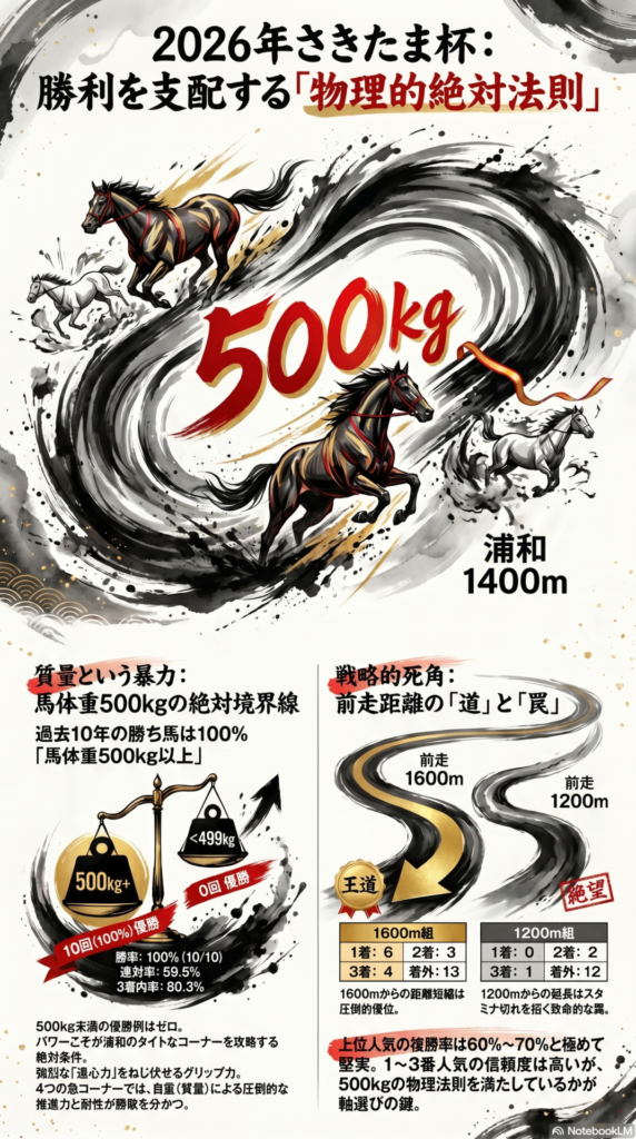 セクション1（コース）: 浦和1400mの物理的罠 南関東最短220mの直線と4つのコーナーがもたらす遠心力の影響を図解
セクション2（馬体重）: 過去10年の勝ち馬が全て馬体重500kg以上である統計データ 質量が遠心力をねじ伏せる物理的絶対法則
セクション3（前走距離）: 前走1200m組の苦戦と1600m組の圧倒的優位性を示す統計グラフ 距離延長がもたらす乳酸蓄積の限界
セクション4（人気傾向）: さきたま杯1番人気から3番人気の高い複勝率 物理学とバイオメカニクスに基づいたダート短距離の運動力学シミュレーション