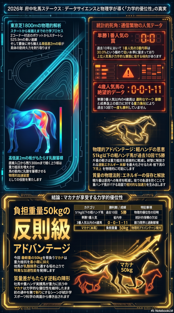 全体 概要 2026年 府中牝馬ステークスの 力学的 解析 インフォグラフィック 統計学と スポーツ 科学を 融合させた レース 展望の 視覚化
統計的 死角の 解析 単勝 1番人気の 低水準な 3着内率 30% と 3番人気以内の 4歳馬が 陥る 絶望的 データ 0-0-1-11 を 示す 統計 グラフ
物理的 優位性の 証明 負担重量 51kg 以下の 軽ハンデ馬が 過去 10回で 5勝を 挙げている 統計 事実と 50kgの マカナが 享受する 質量の 物理的 恩恵の 解説図
コース 適性と 出力 データ 東京 1800m 特有の 2コーナー 待機から 直線の 坂に 至る 物理的な 罠と 距離 延長による ニシノティアモの 出力 最大化の ロジック