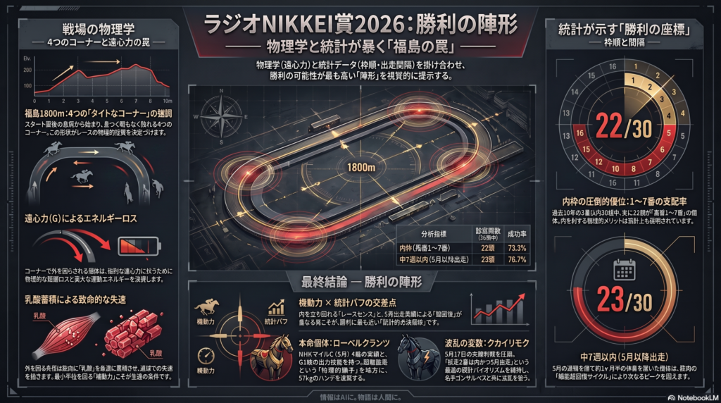 ラジオNIKKEI賞2026のレース展望を物理学と統計学の視点から分析したインフォグラフィックです。ダークで知的な帝国戦略図のトーンで構成されています。
福島1800mコース図： スタート直後の急坂と、4つのタイトなコーナーが強調されています
。
物理法則の図解： コーナーで発生する強烈な「遠心力（G）」と、外を回る馬が受ける「エネルギーロス」および「乳酸蓄積（失速）」の関係を可視化しています
。
馬番統計データ： 過去10年の3着以内30頭中22頭を占める「馬番1〜7番」の内枠圧倒的有利（3着内率31.4%）をグラフで示しています
。
間隔統計データ： 30頭中23頭が該当する「前走5月以降（中7週以内）」という、細胞の超回復サイクルとバイオリズムの重要性を強調しています
。
勝利の陣形（結論）： 「内を利す機動力」と「5月出走の統計バフ」が交差するポイントを、本レースの攻略必須条件として定義しています