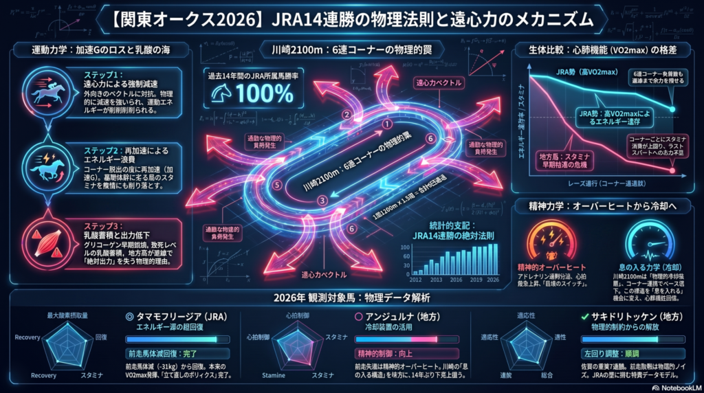 川崎競馬場2100mコースの物理学的解析図解。ダーク背景にネオンブルーとピンクのラインを用いたスポーツアナリティクス風デザイン。1周1200mの馬場を1周半し、タイトなコーナーを6回通過する際の「遠心力ベクトル」を可視化。コーナー通過ごとの「加速Gのロス」と「乳酸蓄積」のプロセスを示すフローチャート。過酷なトレーニングで鍛えられたJRA所属馬の「心肺機能(VO2max)」と、遠心力負荷による地方馬のスタミナ消費量を比較した折れ線グラフ。精神的オーバーヒートによる失速を防ぐ「息の入る力学」の論理構造を解説したインフォグラフィック