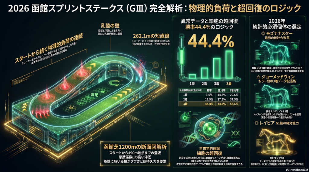 2026年 第33回 函館スプリントステークス GⅢ の レース展望を 物理学的 統計学的に 視覚化した 解析図 左側には 函館芝1200mの 断面図が 描かれ スタート直後から 続く 緩やかな 上り勾配と 推進力を 奪う 洋芝の 高い摩擦係数を 図解 最後の 262.1mという 短い直線で 運動エネルギーが 喪失し 乳酸が 急激に 蓄積する 失速の 物理的 メカニズム を 解説している
 右側には 統計的 異常データを 示す 棒グラフを 配置 前走3着馬が 勝率44.4%を 叩き出している 事実を 提示し 全力を 出し切り 燃え尽きた 1着馬よりも 理想的な サイクルで 細胞の 超回復 を 完了させた 個体こそが 最大出力を 発揮できる 理論を 証明している
