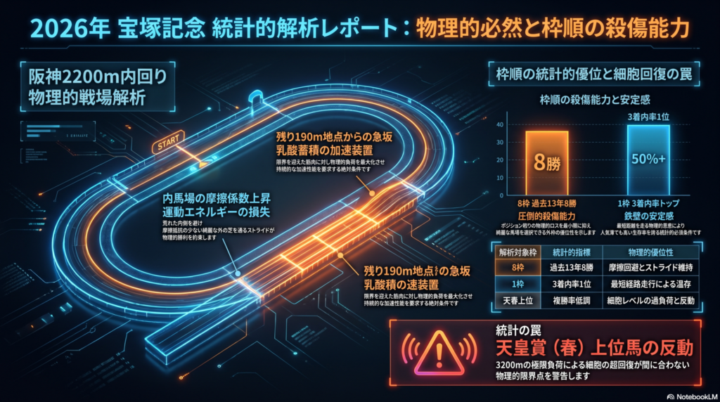 2026年 宝塚記念の レース展望 インフォグラフィック ダーク背景に ネオンブルーと オレンジの 未来的な デザイン 阪神競馬場 2200m 内回りコースの 物理的特徴を 図解し 残り190m地点からの 急坂を「乳酸蓄積の 加速装置」として 強調 過去13年で 8勝を 挙げる 8枠の 圧倒的 殺傷能力と 3着内率 トップの 1枠の 鉄壁を バーチャートで 視覚化 天皇賞(春)上位馬の 反動と 超回復の 限界を 警告する 統計解析 データ