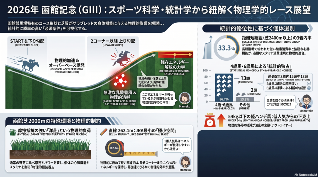 【タイトル：2026年函館記念の物理学的展望】
2026年 函館記念（GⅢ）の 物理学的・統計的 攻略根拠を 可視化した インフォグラフィック。 以下の 3つの セクションで 構成。
物理的力学図解： 函館芝2000m 特有の 高低差を 解析。 スタート直後の 下り勾配による 運動エネルギーの 強制的加速と 2コーナー以降の 緩やかな 上り勾配、 さらに 物理的抵抗の 強い 洋芝が もたらす 急激な 乳酸蓄積の プロセスを 物理学的視点で 図解。
,
統計的特異点の 抽出： 芝2400m以上の 長距離戦からの 距離短縮組が 記録する 3着内率33.3%という 驚異的な 適合性を 数値化。 あわせて 過去5年で 3着以内15頭中13頭（約87%）を 占有する 4歳馬および 6歳馬の 世代的優位性を グラフで 表示。
,
,
舞台設定の 物理学： JRA最短の 直線262.1mという 物理的極小空間において 1番人気が 乳酸の海に 沈み 人気薄の 伏兵が 台頭する 大波乱の 必然性を 解説