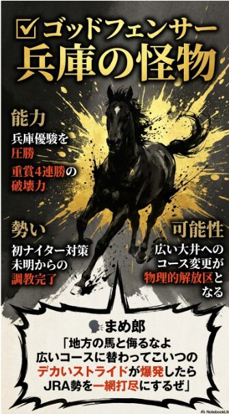 ✔︎ゴッドフェンサー（穴馬） 兵庫の怪物 ゴッドフェンサーの 物理的解放区 園田の 小回りから 広い大井への コース変更が デカいストライドを 解放し JRA勢を 脅かす 可能性を 秘めた 穴馬として 紹介