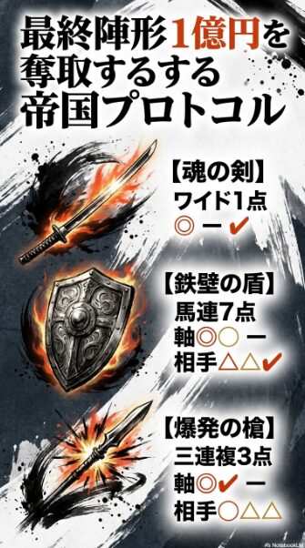 最終陣形（買い目プロトコル） 買い目プロトコル Ver 3.0に 基づく 最終結論 魂の剣 ワイド1点 ◎-✔︎ 鉄壁の盾 馬連7点 爆発の槍 三連複3点など 物理的根拠に 基づく 戦略的陣形を 提示