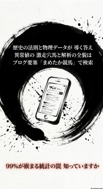 最終結論（誘導） 歴史の 法則と 物理データが 導く 答え 読者を ブログ要塞 まめたか競馬へと 誘導する 最終スライド 指名検索を 促し 1億円の 戦いへの 完結を 宣言
