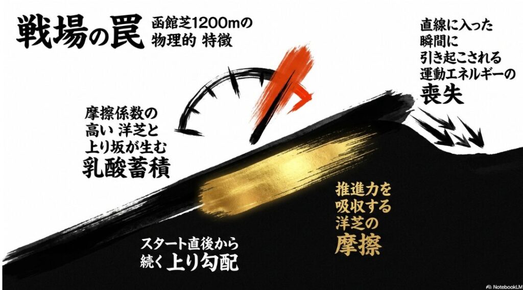 函館芝1200mの 物理的 特徴である 洋芝の 摩擦と 上り坂が 生む 乳酸蓄積の 罠 を 断面図で 解説
