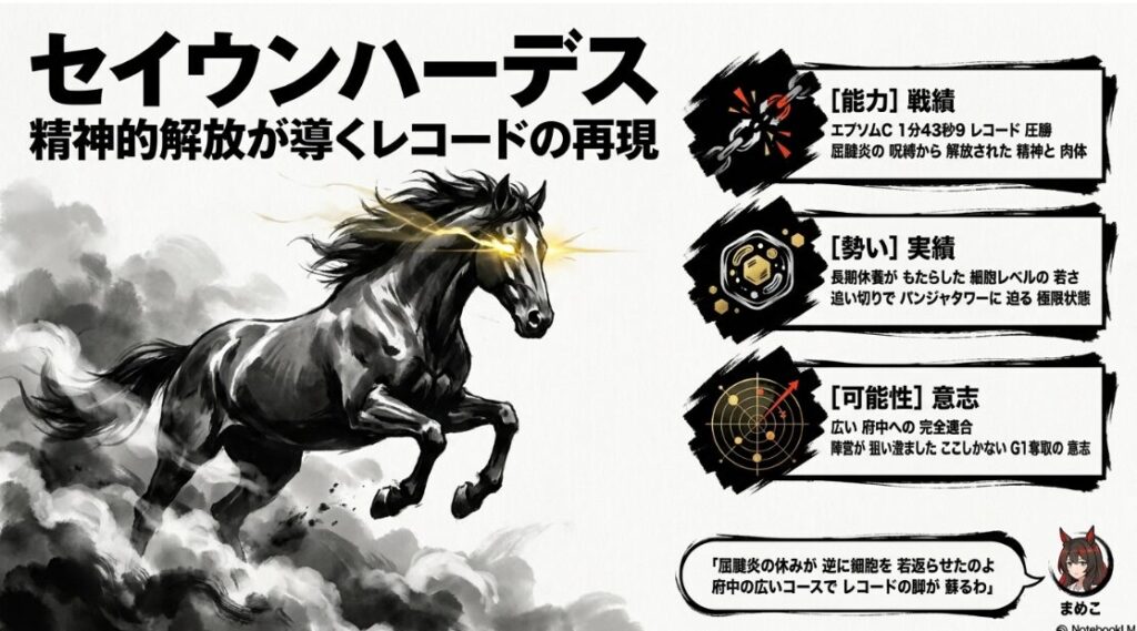 安田記念2026 異常個体解析 セイウンハーデス 精神的解放が導くレコードの再現 エプソムカップをコースレコードで圧勝した舞台適性 大阪杯5着の地力証明 距離短縮による物理的な細胞の活性化 広い東京コースへの高い適合性 まめこの冷静な分析「物理的な距離短縮の劇薬に注目よ！」 躍動する馬の墨絵デザイン