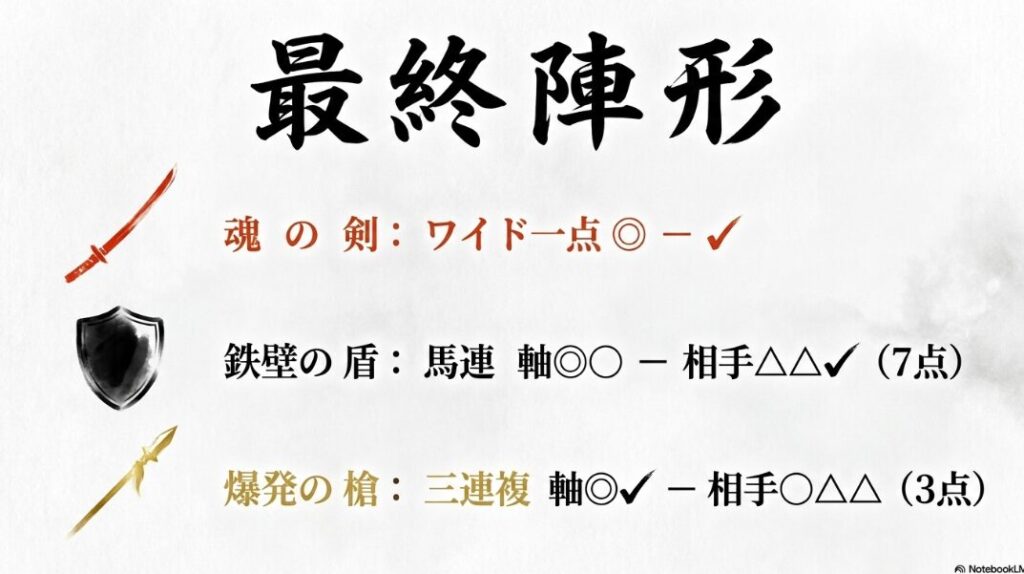 最終陣形として 魂の剣 ワイド 鉄壁の盾 馬連 爆発の槍 三連複の 戦略的 フォーマット を 提示