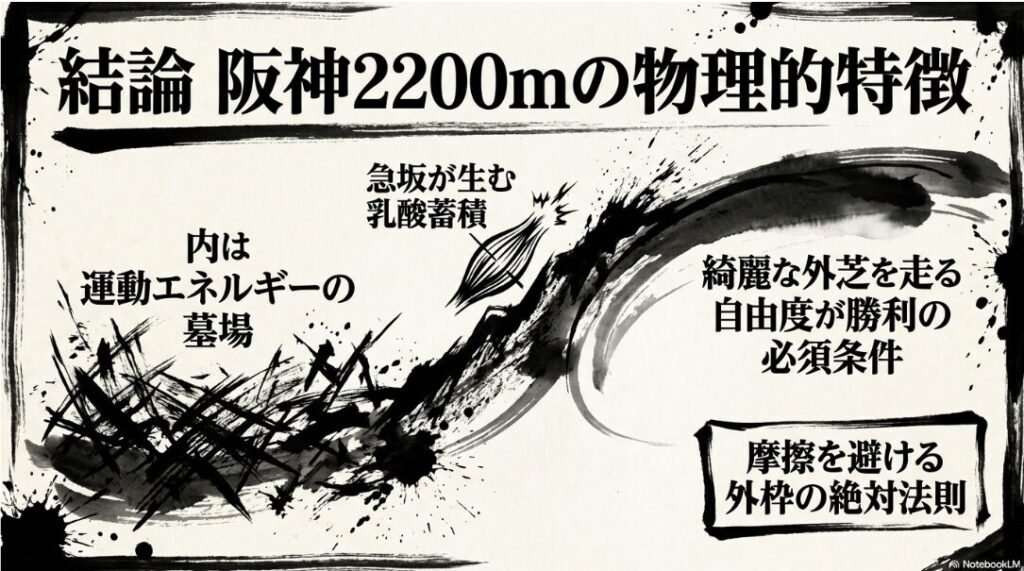 阪神競馬場 2200mの 物理的解析図 結論として 急坂が 生む 乳酸蓄積と 内馬場の 摩擦を 避ける 外枠の 絶対法則を 解説する 統計データ