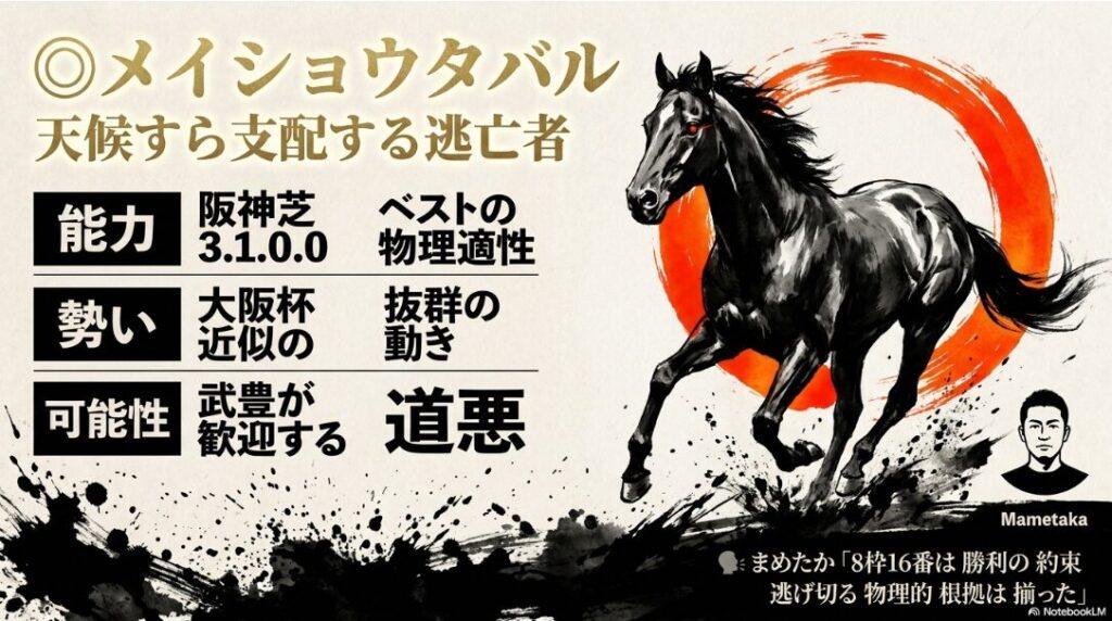 統計的必須個体 メイショウタバル 8枠16番 朱赤と 金の アクセントが 効いた 水墨画 阪神芝 3.1.0.0の 実績と 大阪杯に 近似する 抜群の 追い切り 動きを 紹介 武豊騎手の 余裕と 道悪歓迎の コメント