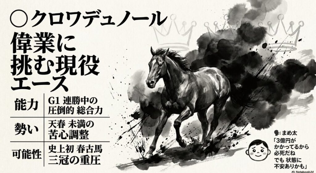 解析対象馬 クロワデュノール 3枠5番 春古馬三冠に 挑む 北十字星 追い切りが 天春未満で ある 状態の 不安と 3億円の 重圧を 示唆する 物理解析