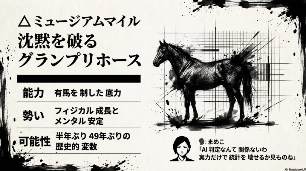 細胞の衝撃 ミュージアムマイル 1枠2番 有馬記念を 制した グランプリホース 半年ぶりの 実戦ながら レーン騎手が 絶賛する フィジカルの 成長と 統計を 破壊する 可能性