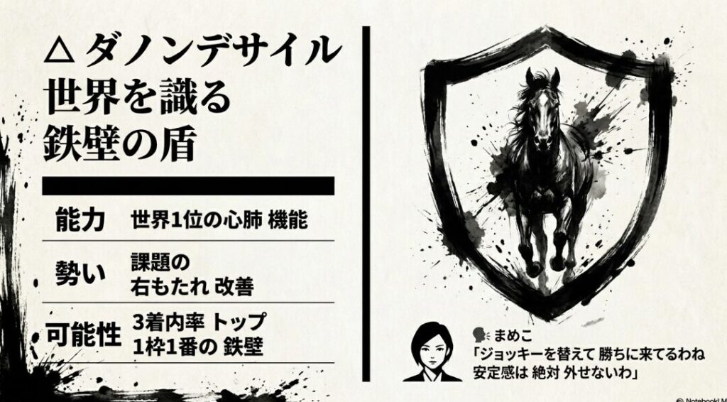 鉄壁の盾 ダノンデサイル 1枠1番 世界1位の 心肺機能 課題の 右もたれ 改善を 報告する 戸崎騎手の コメントと 3着内率 トップの 1枠の 安定感