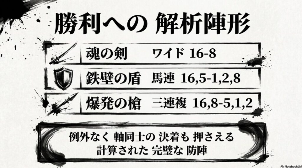 買い目プロトコル 魂の剣 ワイド 16-8 鉄壁の盾 馬連 16,5-1,2,8 爆発の槍 三連複 16,8-5,1,2 勝利への 陣形を 示した アイコン 図解