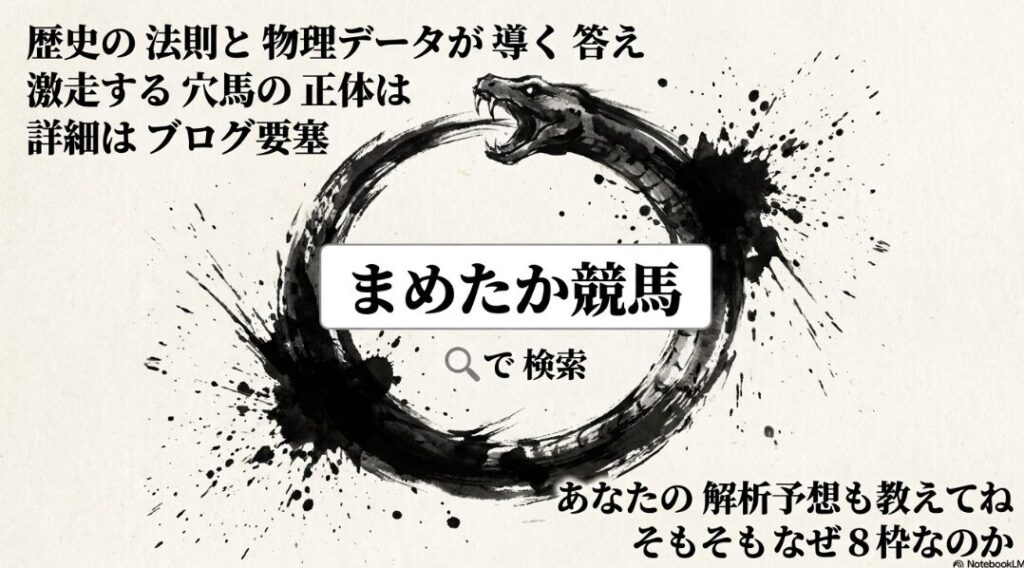 ウロボロス誘導スライド 歴史の法則と 物理データが 導く 答え 詳細は ブログ要塞 まめたか競馬 で 検索と 書かれた 検索窓の 画像